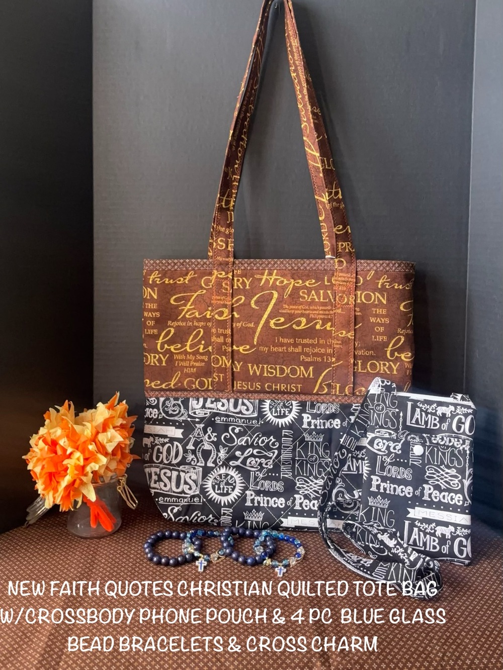 Christian Quotes Quilted Tote W/Crossbody Phone Pouch & 4 Blue Glass Bracelets
